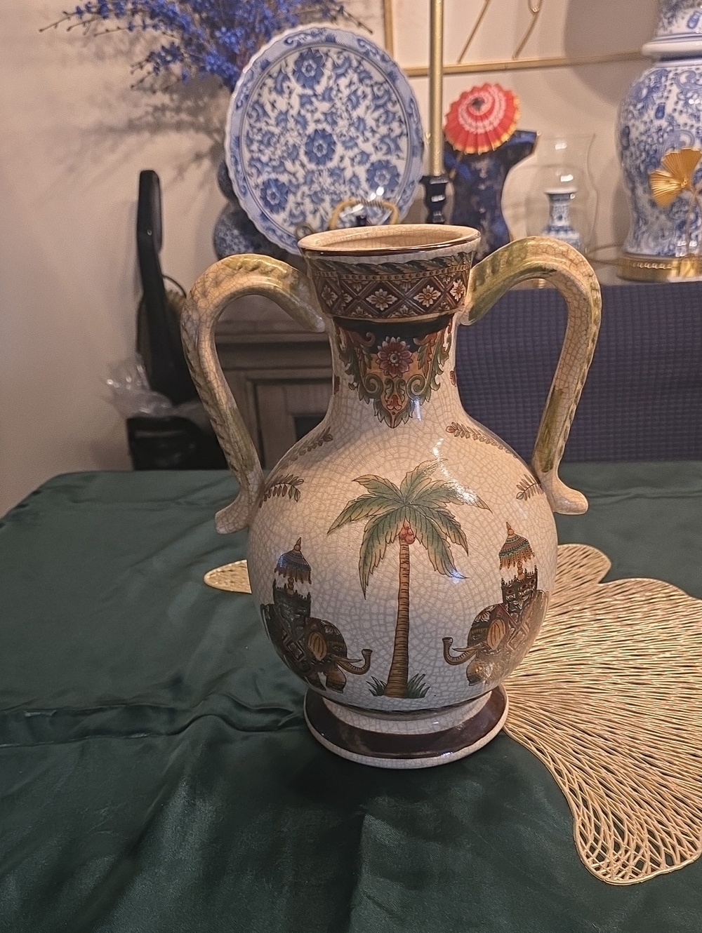 Decorative Two-Handled Palm & Elephant Ceramic Vase in Cream and Green